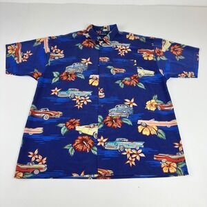 Koman Sport Mens Large Blue Hawaiian Shirt Vintage Classic Cars Hibiscus Print